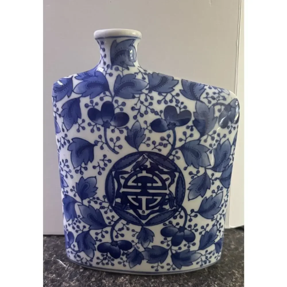 Vintage Blue White Floral Porcelain Flat Vase Asian Chinoiserie Decor- Unique